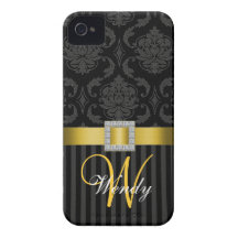 Black Grey Yellow Damask Stripes iPhone 4 Case