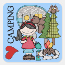 Black Hair Girl I Love Camping Square Stickers