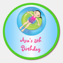 Black Haired Girl Pool Birthday Party Labels Stickers