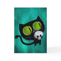 Black Halloween Cat with Skull Greeting Cards