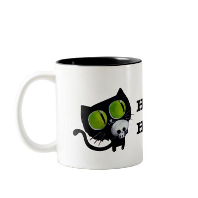 Black Halloween Cat with Skull -custom text- Coffee Mugs by partymonster