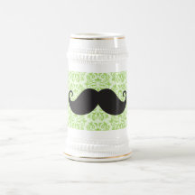 Black handlebar moustache on green damask pattern coffee mugs