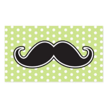 Black handlebar moustache on lime green polka dots business cards