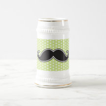 Black handlebar moustache on lime green polka dots mugs