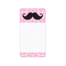 Black handlebar moustache on pink damask pattern labels