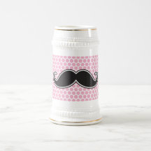 Black handlebar moustache on pink polka dot patter mugs