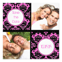 Black Heart Damask on Pink Wedding Save the Date Custom Invite