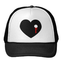 black heart with a bullet hole bleeding mesh hats
