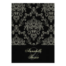 Black/ivory cream lace/damask, custom wedding personalized invitations