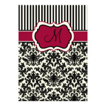 Black, Ivory, Red Stripes Damask Monogram Invite