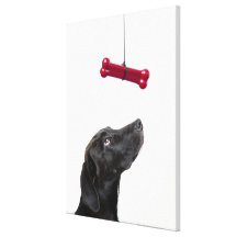 Black lab mixed dog with red dog bone canvas print