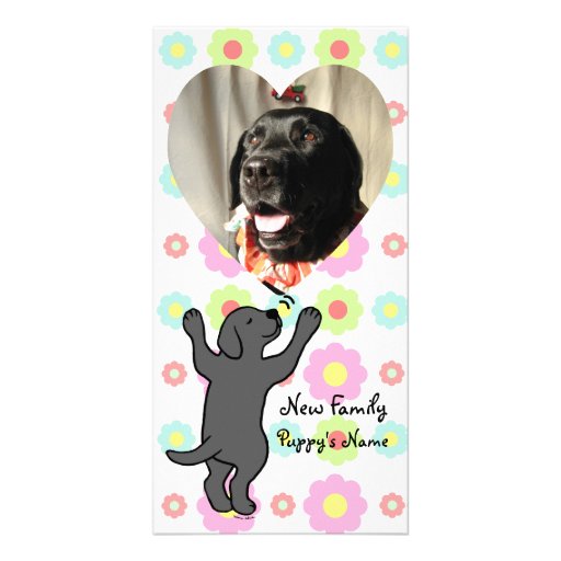 Black Labrador Puppy Hug Cartoon Floral Personalized Photo Card