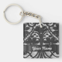Black lace personalized square acrylic key chain