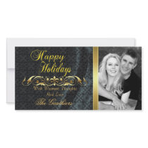 Black Lace Silk & Gold Scroll Holiday Photo Card