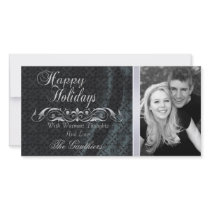 Black Lace Silk & Silver Scroll Holiday Photo Card