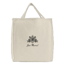 Black Lace Wedding - Just Married Tote Embroidered Bag