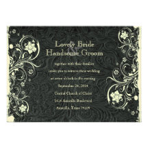 Black Leather Look Cream Lace Wedding Invitation