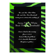 Black Lime Green  Zebra Stripes Wedding Invitation