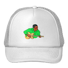 Black man playing electric bass green shirt trucker hat