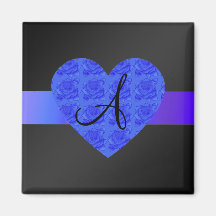Black monogram blue roses refrigerator magnet