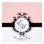 Black Monograms Damask on Linen Custom Invitation