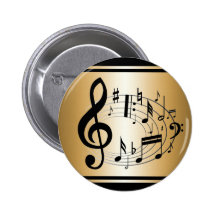 Black musical notes in oval shape on gold pinback button