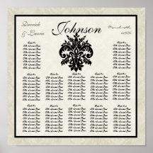 Black n Cream Damask Reception Table Seating Chart Poster