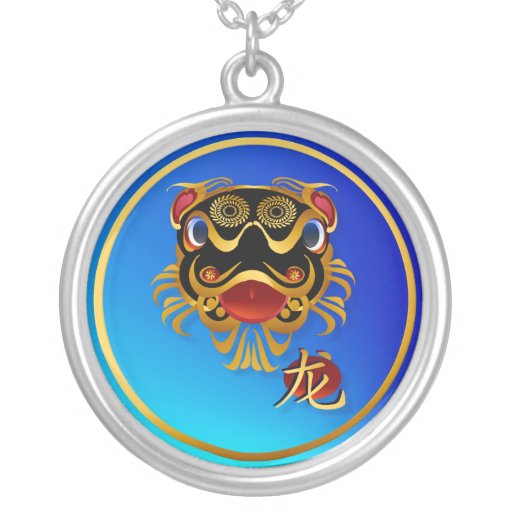 Black n Gold Chinese Dragon Face and Symbol Neckla Necklaces