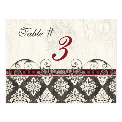 Black 'n White Damask red Table Card Number Postcard
