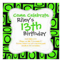 Black Neon Lime Green Fun Circle Square Pattern Personalized Invite