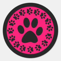 Black on Pink Paw Prints Round Stickers