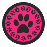 Black on Pink Paw Prints Round Stickers