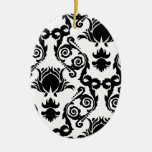 Black on White Tulip Damask Christmas Tree Ornaments