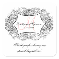 Black Ornate Frame Pink Monogram Wedding Thank You Sticker