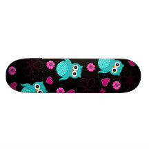 Black Owl pattern pink hearts flowers Skateboard Deck