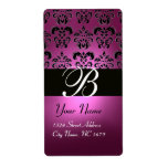 BLACK PINK FUCHSIA PURPLE AMETHYST DAMASK MONOGRAM PERSONALIZED SHIPPING LABEL