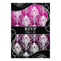 Black & Pink Peacock Feather Wedding RSVP Cards Custom Invitations
