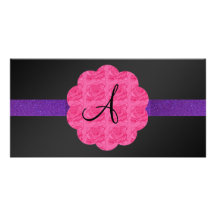 Black pink roses monogram picture card