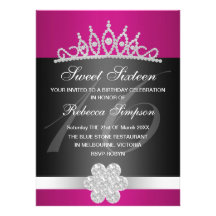 Black & Pink Sparkle Tiara Birthday Invitation