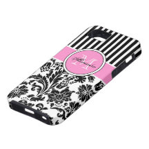 Black Pink & White Damask & Stripes Pattern iPhone 5 Case