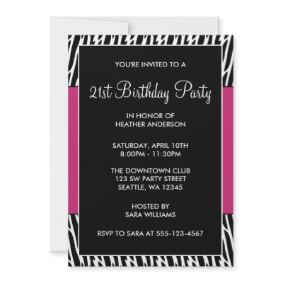 Black & Pink Zebra 21st Birthday Party Invitations by printcreekstudio