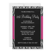 Black & Pink Zebra 21st Birthday Party Invitations