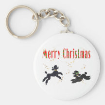 Black Poodles Playing Merry Christmas Art Keychain