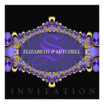 Black Purple Lace Monogram Wedding Invitation
