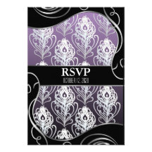 Black & Purple Peacock Feather Wedding RSVP Cards Personalized Invitations