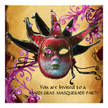BLACK RED JESTER MASK ,Parchment Masquerade Party Announcement
