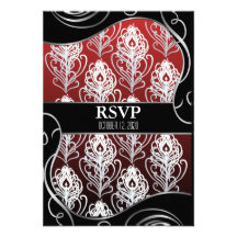Black & Red Peacock Feather Wedding RSVP Cards Personalized Announcements