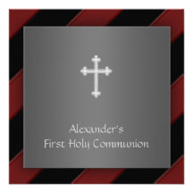 Black Red Stripe Boy First Communion Invitation