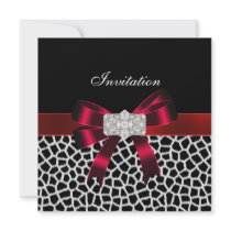 Black Red White Jewel Bow Invitation Animal Print