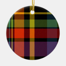 Black, red, yellow, green and purple tartan christmas ornaments
